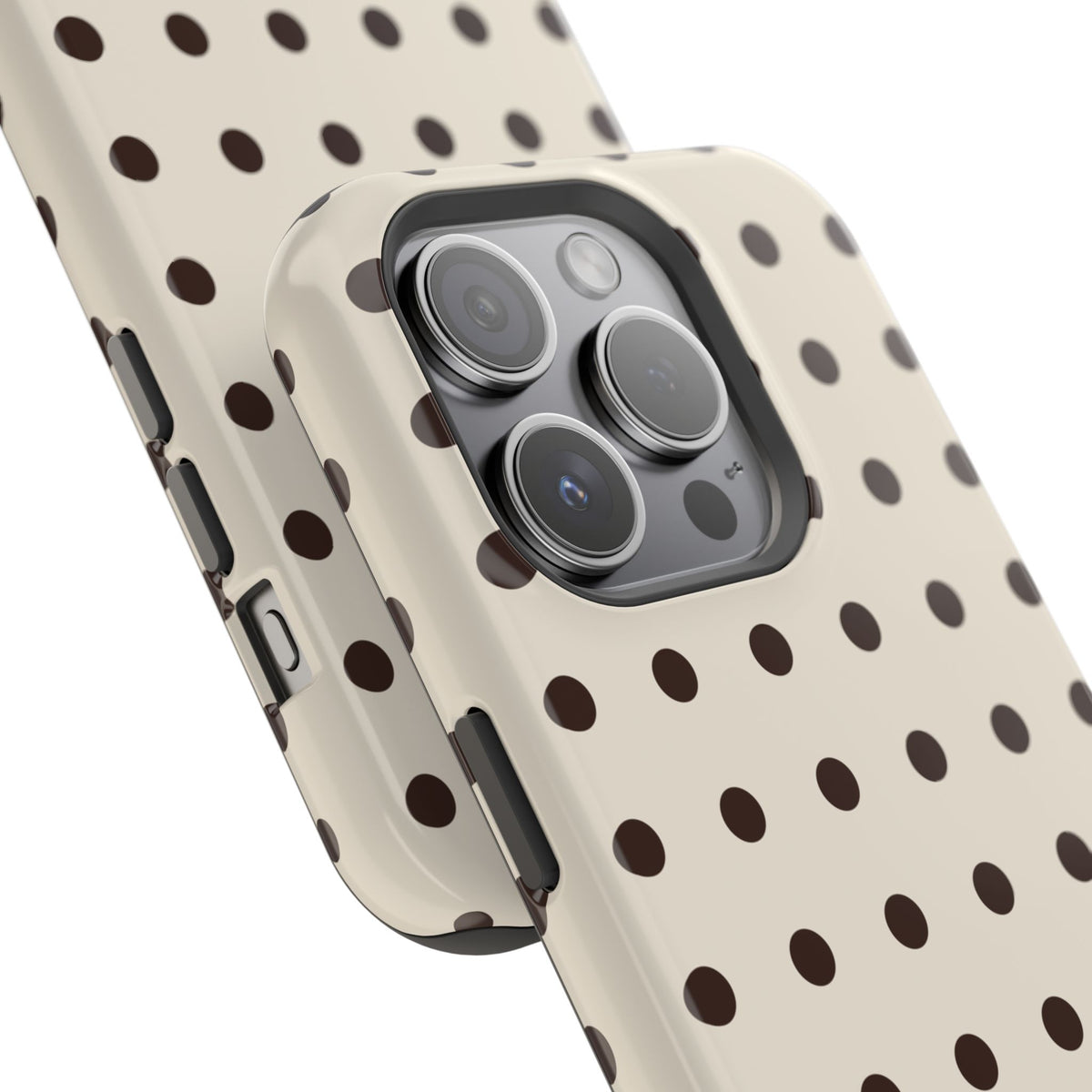 Cream Dot glossy phone case for iPhone 15 Pro; camera and side detail. Supplier-generated preview. Phone not included.