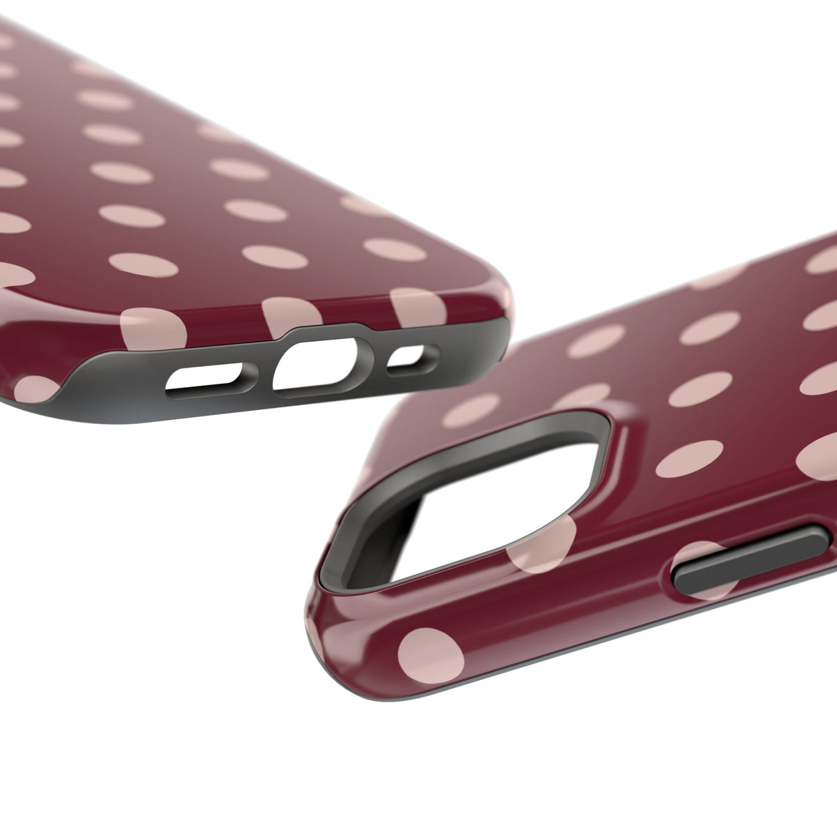 Rouge Dot glossy phone case for iPhone 15; edge and port detail. Supplier-generated preview. Phone not included.