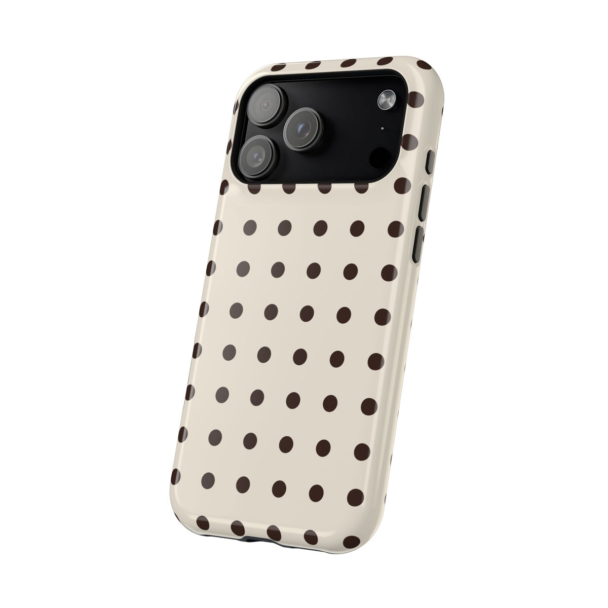 Cream Dot glossy phone case for iPhone 18 Pro Max; angled back view. Supplier-generated preview. Phone not included.