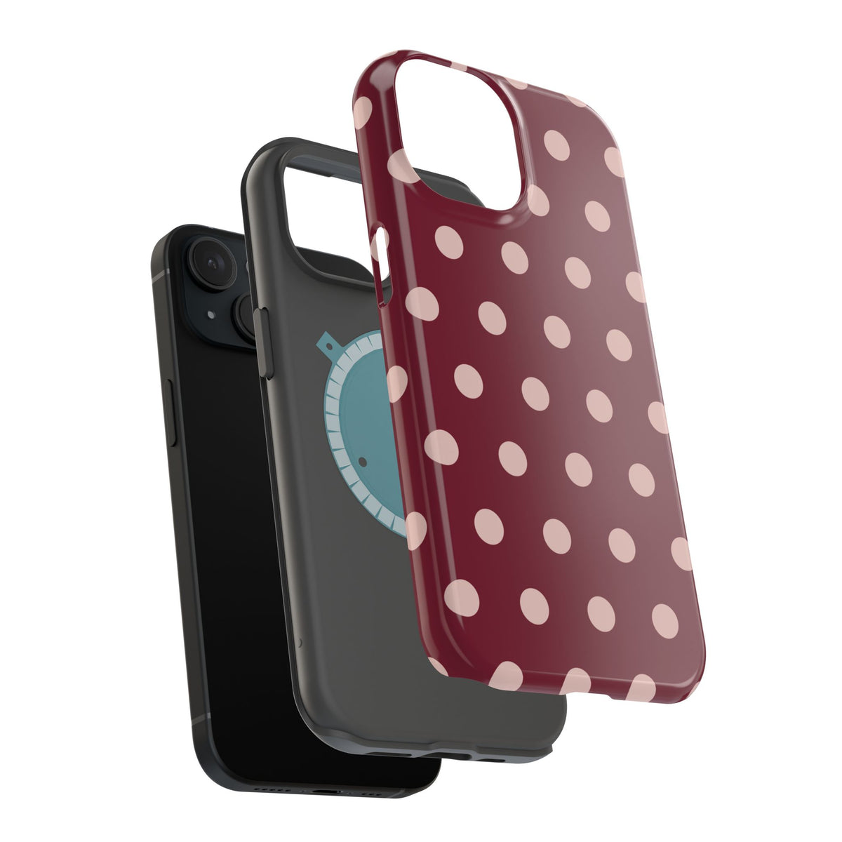Rouge Dot glossy phone case for iPhone 15; supplier layered-case view. Supplier-generated preview. Phone not included.