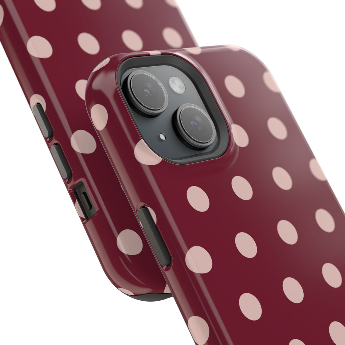 Rouge Dot glossy phone case for iPhone 15; camera and side detail. Supplier-generated preview. Phone not included.