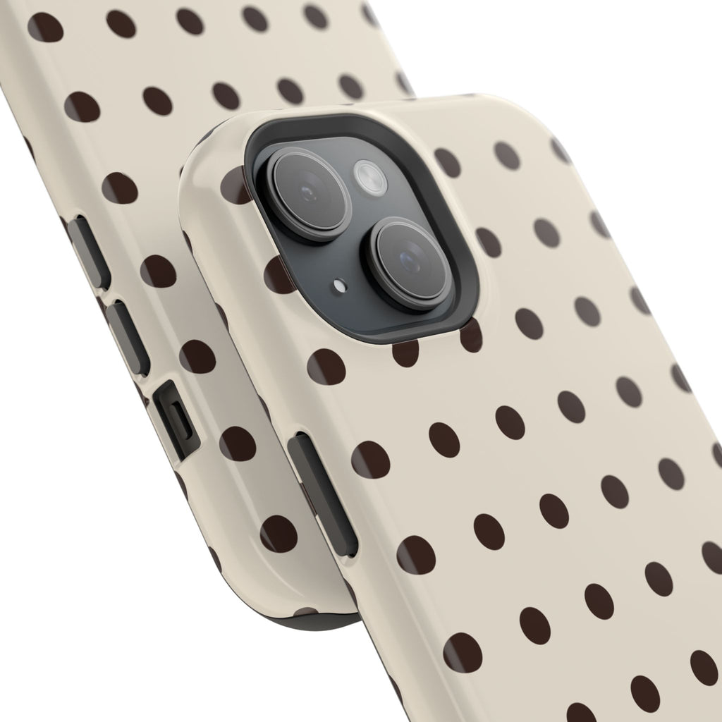 Cream Dot glossy phone case for iPhone 15; camera and side detail. Supplier-generated preview. Phone not included.