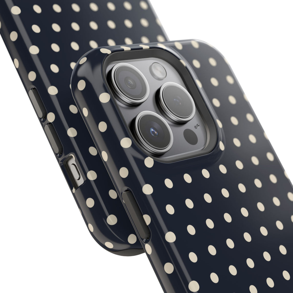 Ink Dot glossy phone case for iPhone 15 Pro; camera and side detail. Supplier-generated preview. Phone not included.