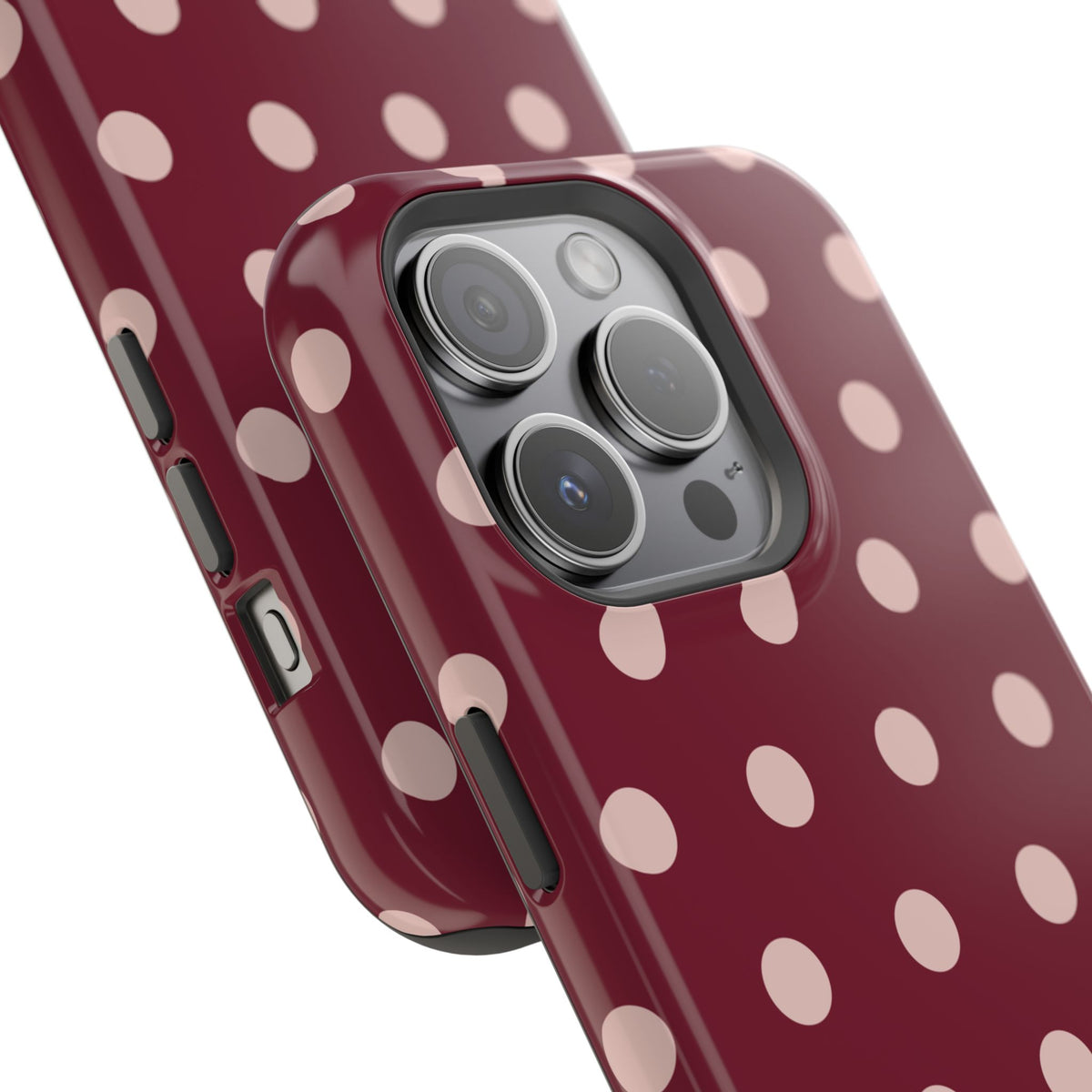 Rouge Dot glossy phone case for iPhone 15 Pro; camera and side detail. Supplier-generated preview. Phone not included.